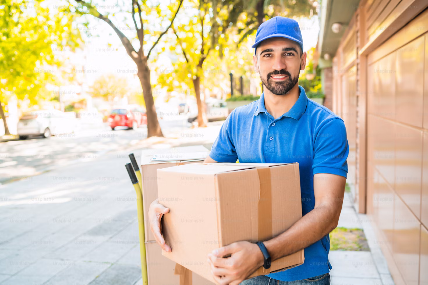 Delivery man courier with cardboard boxes outdoors